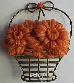 Vintage Coral Color Celluloid Carved Flowers In Gold Washed Sterling Basket Pin