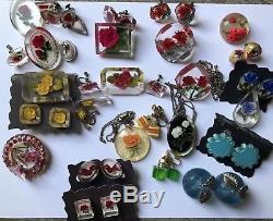 Vintage Costume Jewelry 60 PIECE LOT CARVED LUCITE PIN EARRING SETS BAKELITE $1