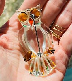 Vintage Crystal Clear Lucite Owl Flower Pin Brooch Bakelite Era Extremely RARE