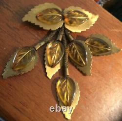 Vintage DANGLING 4 1/8 Brass & Applejuice Bakelite Carved Leaf PIN BROOCH