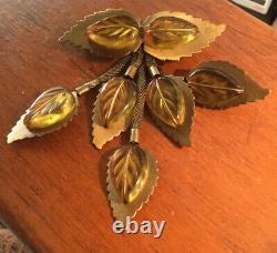 Vintage DANGLING 4 1/8 Brass & Applejuice Bakelite Carved Leaf PIN BROOCH