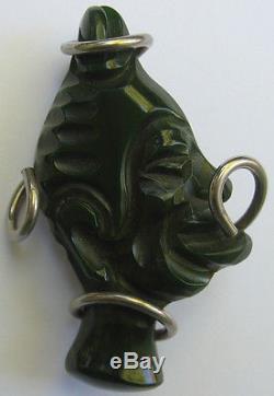 Vintage Dark Green Carved Bakelite & Metal Tribal Ooga Booga Man Pin Brooch