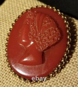 Vintage Dark Red Bakelite Victorian Style Hand Carved Cameo Brooch Pin Rare