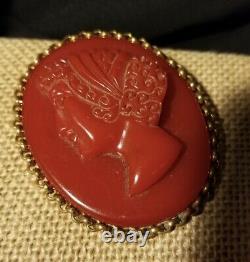 Vintage Dark Red Bakelite Victorian Style Hand Carved Cameo Brooch Pin Rare