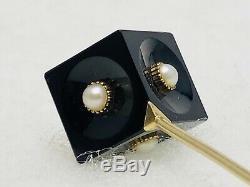 Vintage Deco 14k Gold Stick Pin with Bakelite or Lucite Cube & 6 Seed Pearls