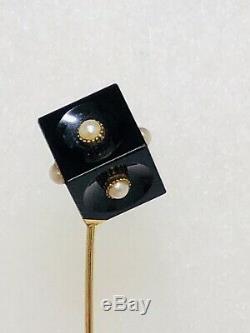 Vintage Deco 14k Gold Stick Pin with Bakelite or Lucite Cube & 6 Seed Pearls
