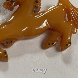 Vintage Deep Carved Butterscotch Bakelite Horse Pin Metal Studs On Mane