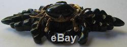 Vintage Deep Carved Dark Green Bakelite & Metal Crab On Crab Pin Brooch