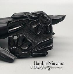 Vintage Deep Heavy Carved Black Bakelite 1/2 Flowers Rounded Corners Square Pin