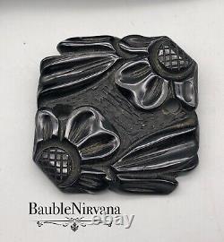 Vintage Deep Heavy Carved Black Bakelite 1/2 Flowers Rounded Corners Square Pin