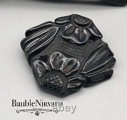 Vintage Deep Heavy Carved Black Bakelite 1/2 Flowers Rounded Corners Square Pin