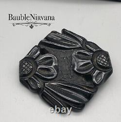 Vintage Deep Heavy Carved Black Bakelite 1/2 Flowers Rounded Corners Square Pin