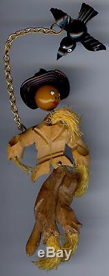 Vintage Dimensional Bakelite Head Carved Wood & Straw Scarecrow With Crow Pin