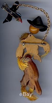 Vintage Dimensional Bakelite Head Carved Wood & Straw Scarecrow With Crow Pin