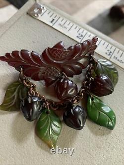 Vintage Dimensional Cherry Bakelite Multi Strawberries Green Leaves Dangle Pin