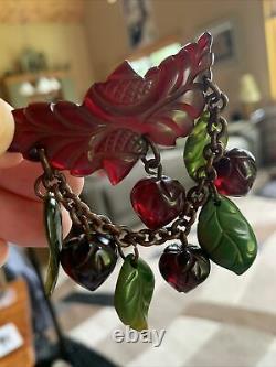 Vintage Dimensional Cherry Bakelite Multi Strawberries Green Leaves Dangle Pin