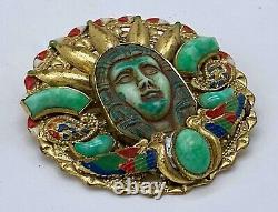 Vintage Egyptian Revival brass glass 1930's pin brooch probably Neiger Brother