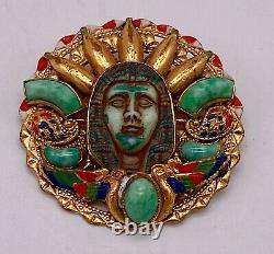 Vintage Egyptian Revival brass glass 1930's pin brooch probably Neiger Brother