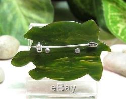 Vintage Emerald Green Carved Bakelite Turtle Figural Pin Brooch MINT