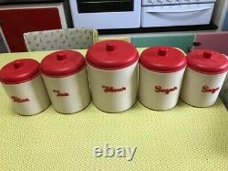Vintage Eon Canisters Red & Cream Bakelite Set Of 5 + Rolling Pin