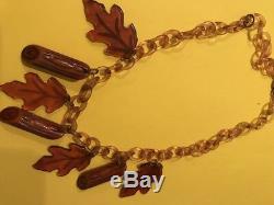 Vintage FALL BAKELITE necklace leaves and logs with celluloid chain. Not pin