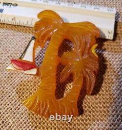 Vintage FOLTZ CARVED BAKELITE MOON LIT BEACH Brooch Pin UNSIGNED Palm Trees Boat