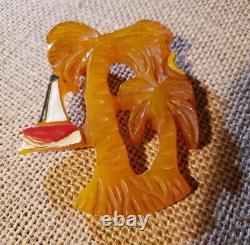 Vintage FOLTZ CARVED BAKELITE MOON LIT BEACH Brooch Pin UNSIGNED Palm Trees Boat