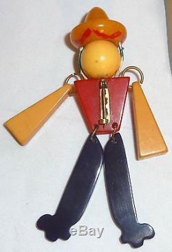 Vintage Figural Bakelite Jointed Articulated Mexican Man Doll Figure Brooch Pin