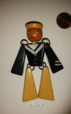 Vintage Figural Bakelite Jointed Articulated Navy Soldier Figure Brooch Pin