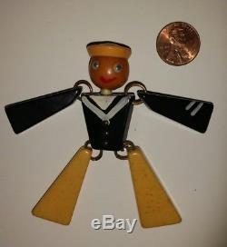 Vintage Figural Bakelite Jointed Articulated Navy Soldier Figure Brooch Pin