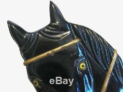 Vintage Figural Carved Bakelite Horse Head Pin Brooch Black Beauty Brass Glass