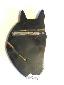 Vintage Figural Carved Bakelite Horse Head Pin Brooch Black Beauty Brass Glass