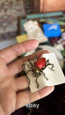 Vintage Figural Insect Red Bakelite Spider Bug With Brass Legs Brooch