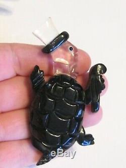 Vintage Figural Lucite & Bakelite Fancy Dancing Turtle Pin Brooch Carved Painted