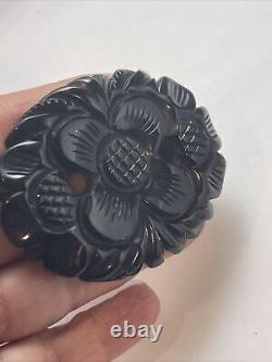 Vintage Four Leaf Clover Flower Carved Black Bakelite Brooch Pin 3 Inch