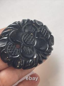 Vintage Four Leaf Clover Flower Carved Black Bakelite Brooch Pin 3 Inch