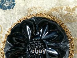 Vintage Four Leaf Clover Flower Carved Black Bakelite Brooch Pin jewelry
