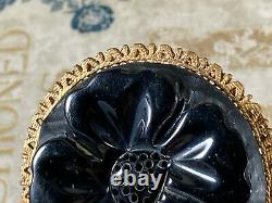 Vintage Four Leaf Clover Flower Carved Black Bakelite Brooch Pin jewelry