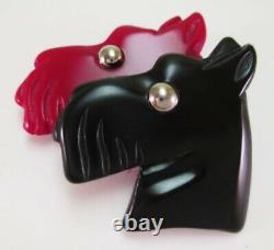 Vintage French Bakelite Galalith 2 Scotties Deco Figural Pin Brooch Chrome Book
