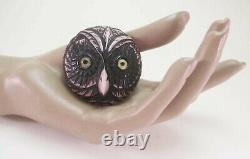 Vintage French Bakelite Galalith Owl Pin Brooch Figural Deeply Carved Glass Eyes