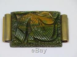 Vintage French Green Carved Bakelite Pin Brooch Dragon or Serpent Design