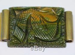 Vintage French Green Carved Bakelite Pin Brooch Dragon or Serpent Design