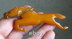 Vintage GALLOPING HORSE Racing BUTTERSCOTCH AMBER BAKELITE Large Brooch Pin