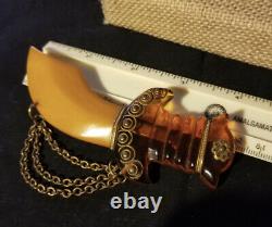 Vintage Giant Carved Bakelite Brass Sword Brooch Pin Butterscotch Rootbeer 4