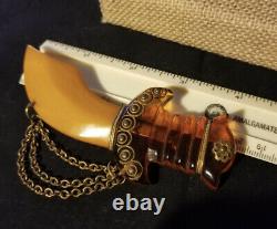 Vintage Giant Carved Bakelite Brass Sword Brooch Pin Butterscotch Rootbeer 4