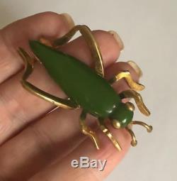 Vintage Green Bakelite + Gold Tone Metal Grasshopper Brooch Pin 1940s Jewelry