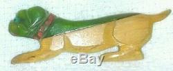 Vintage Green Bakelite & Wood Carved Bulldog Dog Pin Brooch