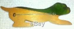 Vintage Green Bakelite & Wood Carved Bulldog Dog Pin Brooch 3.25 Long