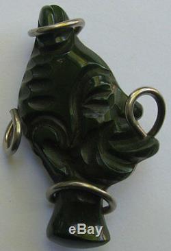 Vintage Green Carved Bakelite & Chrome Tribal Face Pin Brooch