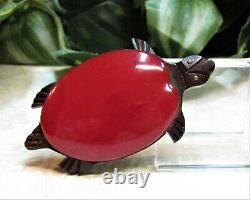 Vintage HUGE Red Bakelite Wood Turtle Pin Brooch TOO CUTE